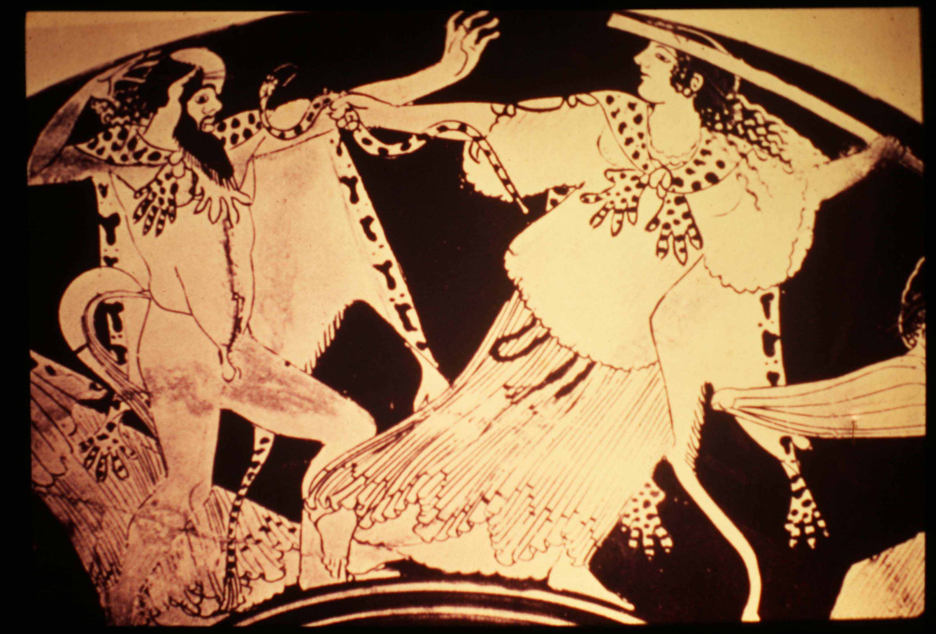1- Dionysus dancing with a maenad.